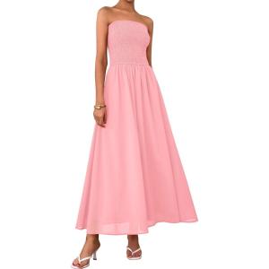 imagePRETTYGARDEN Womens Strapless Wedding Guest Maxi Dresses 2025 Summer Trendy Elegant Classy Smocked Tube Long Flowy SundressPink