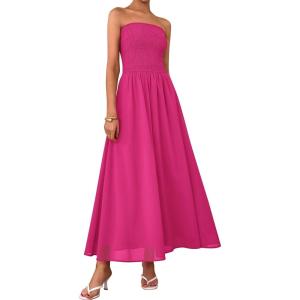 imagePRETTYGARDEN Womens Strapless Wedding Guest Maxi Dresses 2025 Summer Trendy Elegant Classy Smocked Tube Long Flowy SundressRose Red