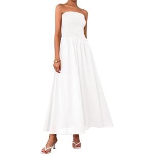 imagePRETTYGARDEN Womens Strapless Wedding Guest Maxi Dresses 2025 Summer Trendy Elegant Classy Smocked Tube Long Flowy SundressWhite