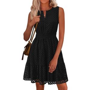 imagePRETTYGARDEN Womens Summer Dresses 2025 Sleeveless V Neck Eyelet Hollow Out Swing A Line Beach Vacation Sun DressBlack