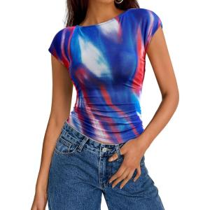 imagePRETTYGARDEN Womens Summer Floral Mesh Tank Tops 2025 Trendy Casual Cap Sleeve Slim Fitted Blouse Shirt Going Out OutfitsDark Blue