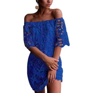 imagePRETTYGARDEN Womens Summer Off Shoulder Dresses Floral Lace Flare Short Sleeve Spring Vintage Elegant Mini DressDark Blue