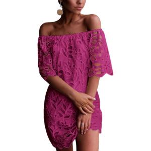 imagePRETTYGARDEN Womens Summer Off Shoulder Dresses Floral Lace Flare Short Sleeve Spring Vintage Elegant Mini DressDark Rose Red