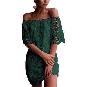 imagePRETTYGARDEN Womens Summer Off Shoulder Dresses Floral Lace Flare Short Sleeve Spring Vintage Elegant Mini DressGreen