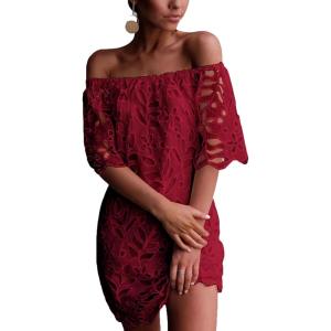 imagePRETTYGARDEN Womens Summer Off Shoulder Dresses Floral Lace Flare Short Sleeve Spring Vintage Elegant Mini DressWine Red