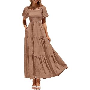 imagePRETTYGARDEN Womens Summer Puff Short Sleeve Maxi Dress Square Neck Smocked Tiered Ruffle A Line Long Flowy Beach DressesKhaki