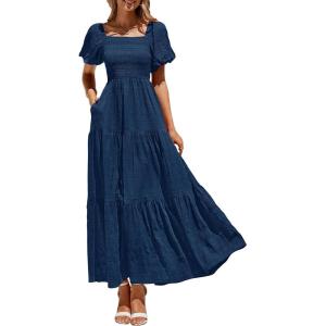 imagePRETTYGARDEN Womens Summer Puff Short Sleeve Maxi Dress Square Neck Smocked Tiered Ruffle A Line Long Flowy Beach DressesNavy