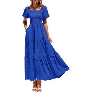 imagePRETTYGARDEN Womens Summer Puff Short Sleeve Maxi Dress Square Neck Smocked Tiered Ruffle A Line Long Flowy Beach DressesRoyal Blue