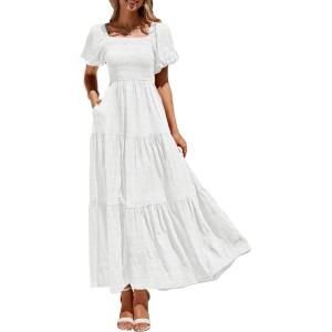 imagePRETTYGARDEN Womens Summer Puff Short Sleeve Maxi Dress Square Neck Smocked Tiered Ruffle A Line Long Flowy Beach DressesWhite