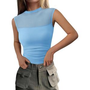 imagePRETTYGARDEN Womens Summer Sheer Mesh Tank Tops 2025 Trendy Casual Sleeveless Mock Neck Ruched Slim Fitted Going Out ShirtsLight Blue
