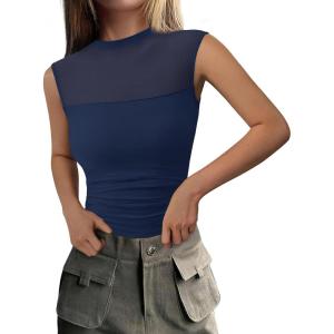 imagePRETTYGARDEN Womens Summer Sheer Mesh Tank Tops 2025 Trendy Casual Sleeveless Mock Neck Ruched Slim Fitted Going Out ShirtsNavy
