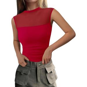 imagePRETTYGARDEN Womens Summer Sheer Mesh Tank Tops 2025 Trendy Casual Sleeveless Mock Neck Ruched Slim Fitted Going Out ShirtsRed