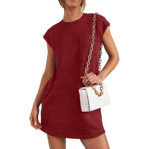 imagePRETTYGARDEN Womens Summer Short T Shirt Dress Cap Sleeve Crew Neck Casual Loose Basic Mini DressesWine Red
