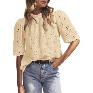 imagePRETTYGARDEN Womens Summer Tops 2025 Trendy Short Sleeve Eyelet Embroidered Dressy Casual Blouse ShirtsBeige Yellow
