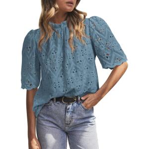 imagePRETTYGARDEN Womens Summer Tops 2025 Trendy Short Sleeve Eyelet Embroidered Dressy Casual Blouse ShirtsBlue Grey