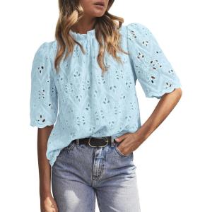 imagePRETTYGARDEN Womens Summer Tops 2025 Trendy Short Sleeve Eyelet Embroidered Dressy Casual Blouse ShirtsLight Blue