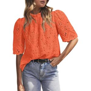 imagePRETTYGARDEN Womens Summer Tops 2025 Trendy Short Sleeve Eyelet Embroidered Dressy Casual Blouse ShirtsOrange