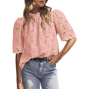 imagePRETTYGARDEN Womens Summer Tops 2025 Trendy Short Sleeve Eyelet Embroidered Dressy Casual Blouse ShirtsPink