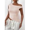 imagePRETTYGARDEN Womens 2025 Summer Off The Shoulder Crop Tops Sleeveless One Shoulder Ruched Asymmetrical Y2K Going Out Tank TopBeige