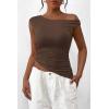 imagePRETTYGARDEN Womens 2025 Summer Off The Shoulder Crop Tops Sleeveless One Shoulder Ruched Asymmetrical Y2K Going Out Tank TopCoffee