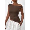 imagePRETTYGARDEN Womens 2025 Summer Off The Shoulder Crop Tops Sleeveless One Shoulder Ruched Asymmetrical Y2K Going Out Tank TopCoffee