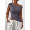imagePRETTYGARDEN Womens 2025 Summer Off The Shoulder Crop Tops Sleeveless One Shoulder Ruched Asymmetrical Y2K Going Out Tank TopDark Grey