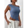 imagePRETTYGARDEN Womens 2025 Summer Off The Shoulder Crop Tops Sleeveless One Shoulder Ruched Asymmetrical Y2K Going Out Tank TopGrey Blue