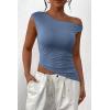 imagePRETTYGARDEN Womens 2025 Summer Off The Shoulder Crop Tops Sleeveless One Shoulder Ruched Asymmetrical Y2K Going Out Tank TopGrey Blue