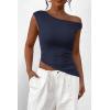 imagePRETTYGARDEN Womens 2025 Summer Off The Shoulder Crop Tops Sleeveless One Shoulder Ruched Asymmetrical Y2K Going Out Tank TopNavy