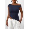 imagePRETTYGARDEN Womens 2025 Summer Off The Shoulder Crop Tops Sleeveless One Shoulder Ruched Asymmetrical Y2K Going Out Tank TopNavy