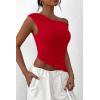 imagePRETTYGARDEN Womens 2025 Summer Off The Shoulder Crop Tops Sleeveless One Shoulder Ruched Asymmetrical Y2K Going Out Tank TopRed