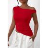 imagePRETTYGARDEN Womens 2025 Summer Off The Shoulder Crop Tops Sleeveless One Shoulder Ruched Asymmetrical Y2K Going Out Tank TopRed