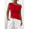 imagePRETTYGARDEN Womens 2025 Summer Off The Shoulder Crop Tops Sleeveless One Shoulder Ruched Asymmetrical Y2K Going Out Tank TopRed