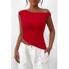 imagePRETTYGARDEN Womens 2025 Summer Off The Shoulder Crop Tops Sleeveless One Shoulder Ruched Asymmetrical Y2K Going Out Tank TopRed