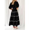 imagePRETTYGARDEN Womens Summer Button Down Shirt Dress Short Puffy Sleeve Tiered Ruffle Flowy Long Maxi DressesBlack