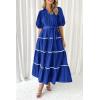 imagePRETTYGARDEN Womens Summer Button Down Shirt Dress Short Puffy Sleeve Tiered Ruffle Flowy Long Maxi DressesBlue