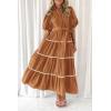 imagePRETTYGARDEN Womens Summer Button Down Shirt Dress Short Puffy Sleeve Tiered Ruffle Flowy Long Maxi DressesBrown