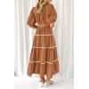 imagePRETTYGARDEN Womens Summer Button Down Shirt Dress Short Puffy Sleeve Tiered Ruffle Flowy Long Maxi DressesBrown