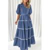 imagePRETTYGARDEN Womens Summer Button Down Shirt Dress Short Puffy Sleeve Tiered Ruffle Flowy Long Maxi DressesDark Blue