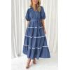 imagePRETTYGARDEN Womens Summer Button Down Shirt Dress Short Puffy Sleeve Tiered Ruffle Flowy Long Maxi DressesDark Blue