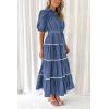 imagePRETTYGARDEN Womens Summer Button Down Shirt Dress Short Puffy Sleeve Tiered Ruffle Flowy Long Maxi DressesDark Blue