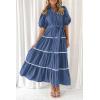 imagePRETTYGARDEN Womens Summer Button Down Shirt Dress Short Puffy Sleeve Tiered Ruffle Flowy Long Maxi DressesDark Blue