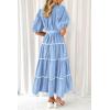 imagePRETTYGARDEN Womens Summer Button Down Shirt Dress Short Puffy Sleeve Tiered Ruffle Flowy Long Maxi DressesLight Blue
