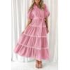 imagePRETTYGARDEN Womens Summer Button Down Shirt Dress Short Puffy Sleeve Tiered Ruffle Flowy Long Maxi DressesPink