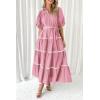 imagePRETTYGARDEN Womens Summer Button Down Shirt Dress Short Puffy Sleeve Tiered Ruffle Flowy Long Maxi DressesPink