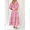 imagePRETTYGARDEN Womens Summer Button Down Shirt Dress Short Puffy Sleeve Tiered Ruffle Flowy Long Maxi DressesPink