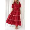 imagePRETTYGARDEN Womens Summer Button Down Shirt Dress Short Puffy Sleeve Tiered Ruffle Flowy Long Maxi DressesRed