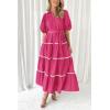 imagePRETTYGARDEN Womens Summer Button Down Shirt Dress Short Puffy Sleeve Tiered Ruffle Flowy Long Maxi DressesRose Red