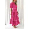 imagePRETTYGARDEN Womens Summer Button Down Shirt Dress Short Puffy Sleeve Tiered Ruffle Flowy Long Maxi DressesRose Red