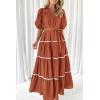imagePRETTYGARDEN Womens Summer Button Down Shirt Dress Short Puffy Sleeve Tiered Ruffle Flowy Long Maxi DressesRust Red